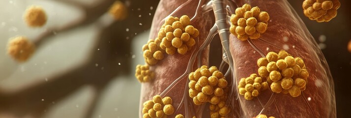Illustration of Bronchi Affected by Clusters of Cocci Bacteria, Conceptual Image of Lung Infection