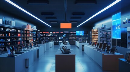 Modern electronics store with sleek gadgets and high-tech displays under bright lighting. 32k, full ultra hd, high resolution
