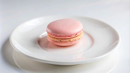 Obraz premium A single pink macaron on a white saucer.
