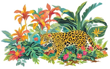 Obraz premium A graceful leopard prowls through vibrant tropical foliage adorned with exotic flowers in a lush rainforest setting