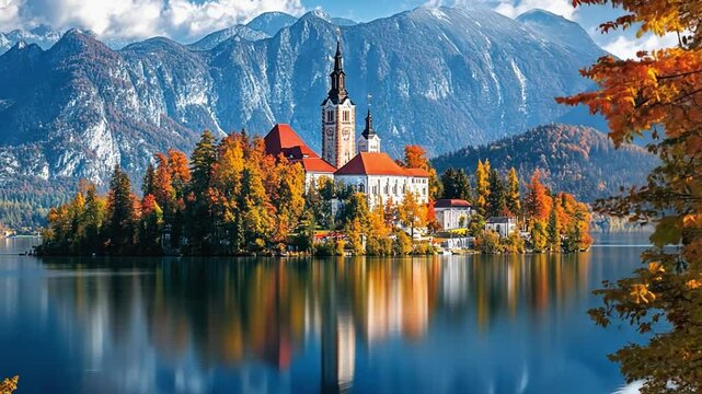Lake bled island reflecting on calm water surrounded by fall colors
