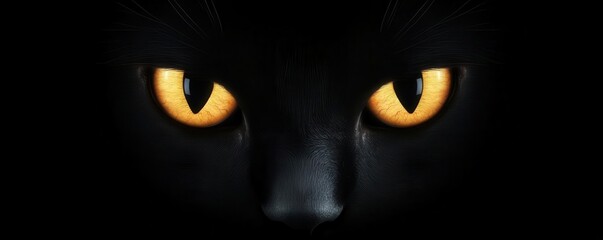 Minimalist Halloween banner with black cat eyes glowing in the dark