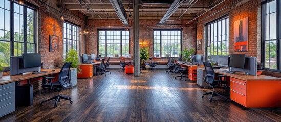 Modern office interior with exposed brick walls, large windows, and modern furniture.
