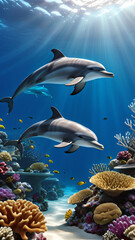 Obraz premium two dolphins swimming around the coral reef, with fish and sea plants in the background, showing an under water view. 