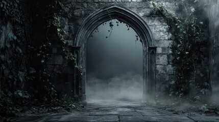 Foggy Stone Archway in an Ancient Ruins