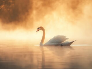 A graceful swan glides across a serene lake at sunrise