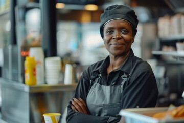 Fototapeta premium Middle aged adult african american female fast food worker