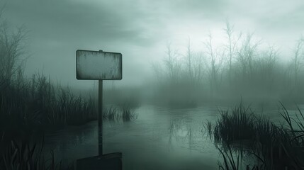 A Rusty Sign Stands Alone in a Foggy Swamp