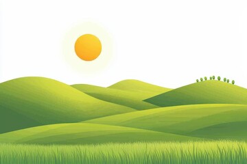 Obraz premium Minimalist illustration of rolling green hills with the sun rising on the horizon, ideal for nature, eco-friendly, and environmental themes.
