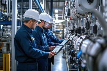 A collaborative engineering team working on IoT systems in a factory, optimizing smart grid technology for efficient energy use and manufacturing processes