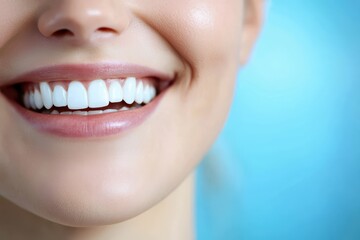 Fototapeta premium Close-up of a smiling woman showcasing her bright white teeth.