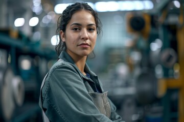 Fototapeta premium Portrait of a young adult Hispanic female Assembly Line Worker