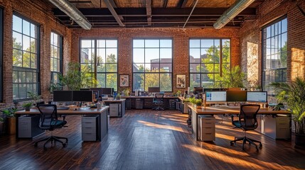 Fototapeta premium Modern office space with large windows, wooden floors, and desks.