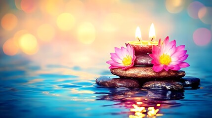 Serene Spa Scene: Lotus Flowers & Candlelight on Water