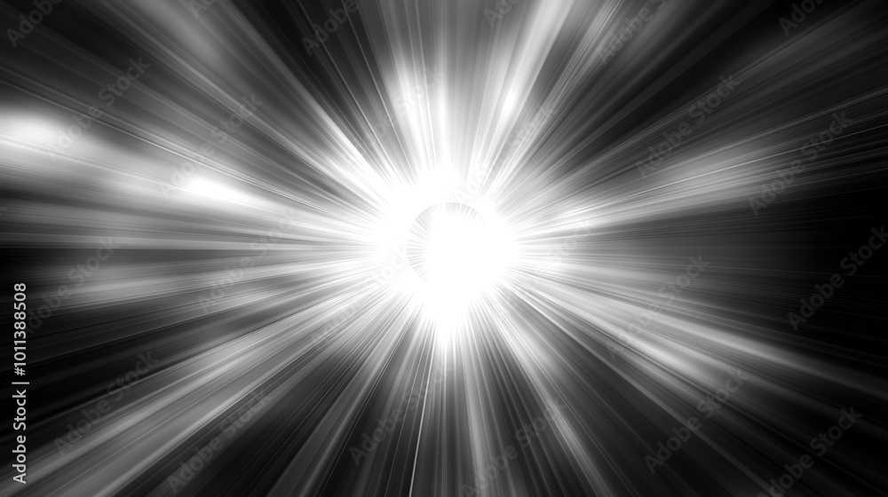 Poster Abstract black and white radial gradient with a bright white center creating a starburst effect.