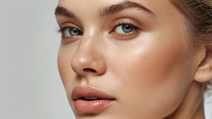Fototapeta premium Close-up photo of beautiful blonde model with shiny perfect skin. Beauty makeup commercial cover