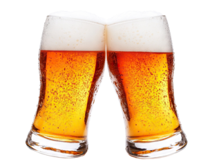 Two beer glasses clinking together in cheers, isolated on transparent cutout background