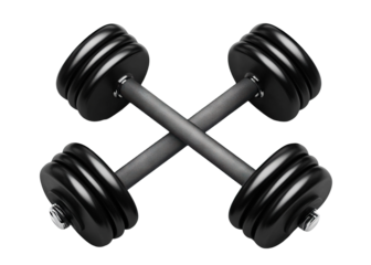 Two black crossed dumbbells for weightlifting, isolated on transparent cutout background