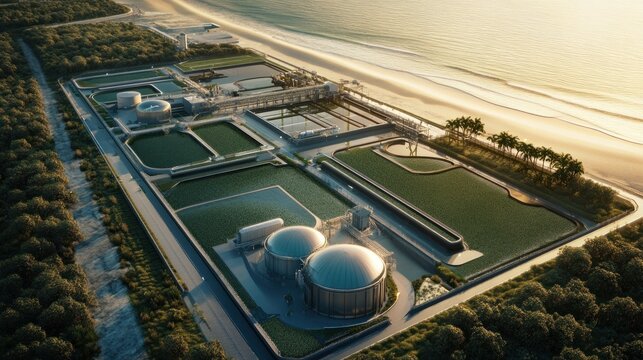 An algae-based fuel production facility by the coast, with large algae ponds and sleek equipment transforming algae into biofuel, emphasizing innovative and sustainable practices.
