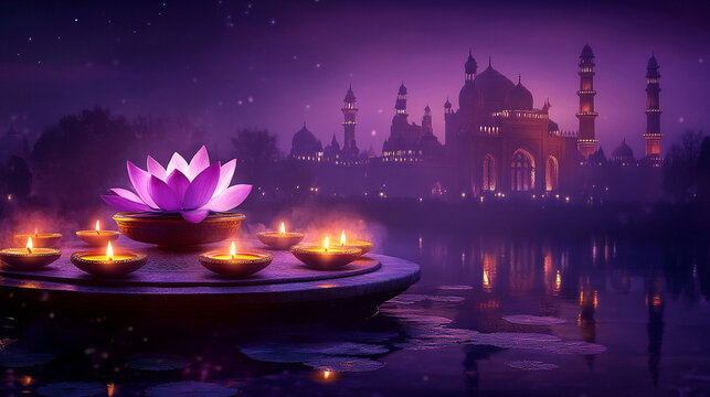 Light candles and Diya Lamp on a purple Taj Mahal .Traditional banner template for Indian festival of lights Diwali and Pongal. Ugadi, Gudi Padwa. Hindu New Year. Religion concept - Powered by Adobe
