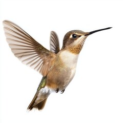 Fototapeta premium hummingbird hovers mid-air, its wings a stunning blur as it deftly navigates the stillness of a pristine white background, embodying grace and beauty.