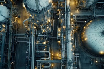A petrochemical plant where raw petroleum is processed into a variety of fuels and chemicals, featuring industrial-scale tanks, reactors, and refining equipment