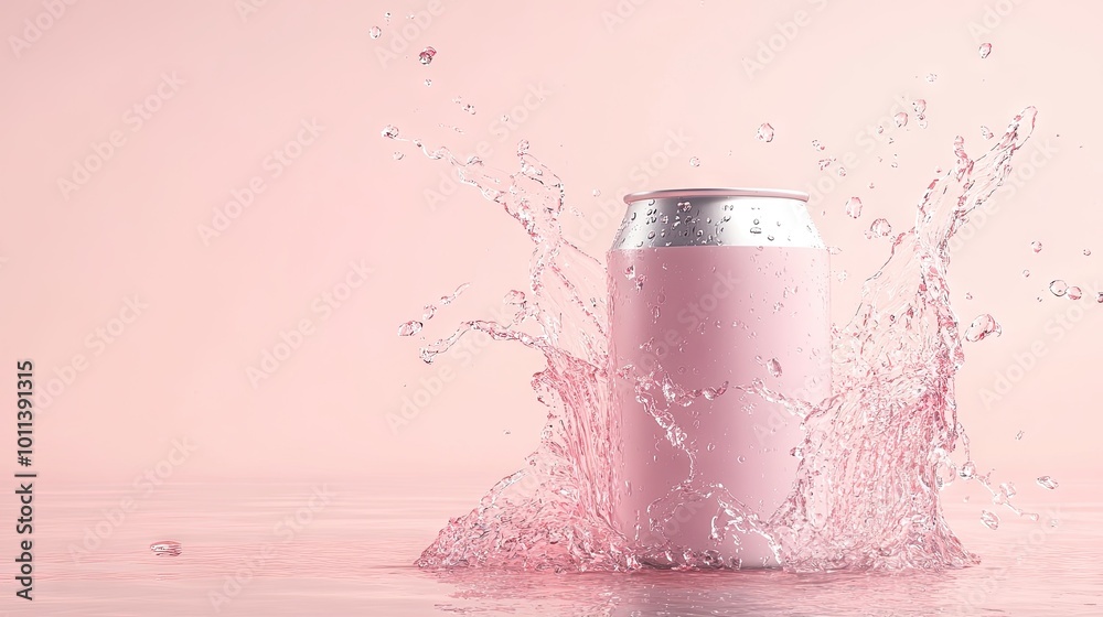 Wall mural A drink can with liquid splashing around it, set against a soft pastel background, ideal for mockup designs