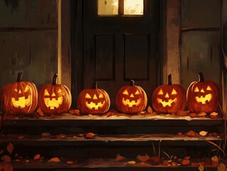 Obraz premium Lit Jack-o'-Lanterns on Porch Steps with Autumn Leaves