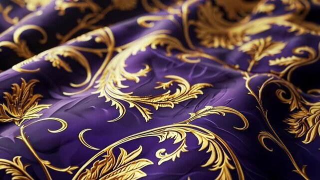 Purple velvet fabric with an elegant gold floral pattern is flowing under studio lighting, creating a luxurious and opulent visual