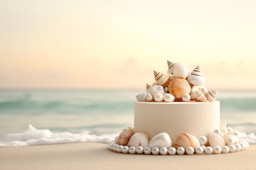 A beach-themed cake adorned with seashells and pearls sits on sandy shores with an ocean backdrop, capturing a serene coastal celebration.