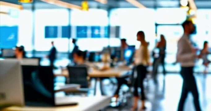 A contemporary business office with a blurred view of people, featuring a bokeh effect background. An open-plan office for busy professionals generated by AI