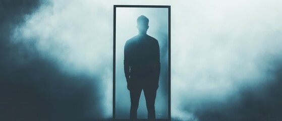 person standing in front of foggy mirror, creating mysterious atmosphere. silhouette is surrounded by mist, evoking sense of intrigue and contemplation