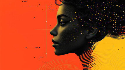 Graphic design featuring a face. Geometric shapes and lines in warm colors