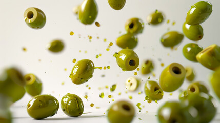 Green olives fall on the table. A bunch of green olives flies into the air. Olives are covered in oil and scattered throughout the image. A natural organic vegan product