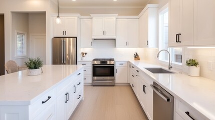 Modern kitchen with white cabinets and stainless steel appliances, bright and spacious.