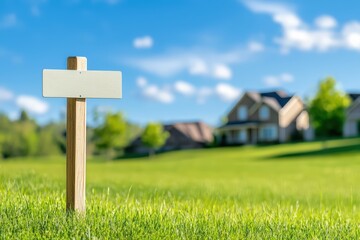 Empty signpost on grassy land with residential homes in the background.