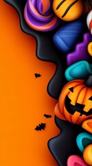 Obraz premium A fun and festive Halloween background featuring a pumpkin, candy, and bats on an orange background.