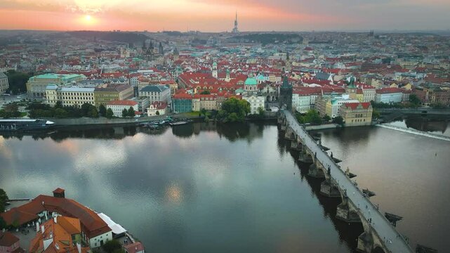 Prague Aerial 4K  scenic spring aerial view of the Prague Old Town pier architecture and Charles Bridge over Vltava river in Prague, Czechia. Old Town of Prague, Czech Republic.