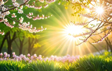 Obraz premium branches of a tree with spring flower blossoms and sun light , spring season background with copy space