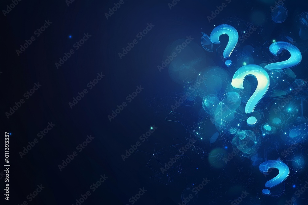 Poster a 3d rendering of an abstract glowy question mark interface on a blue background. technology, inform