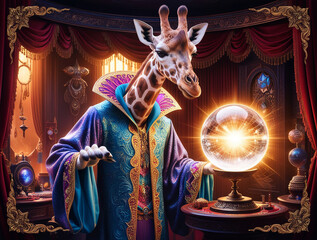 Animal giraffe fortune teller looking at crystal ball for fortune telling AI generated