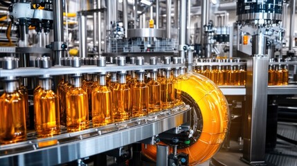 Beverage processing machinery in a modern facility, bottling and capping drinks at high speeds, showcasing the role of automation in the beverage industry