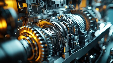 Fototapeta premium A heavy-duty industrial engine with complex gears and mechanical parts, capturing the strength and precision