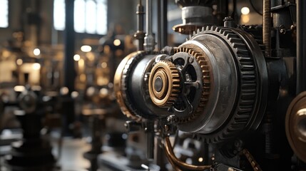 Obraz premium A heavy-duty industrial engine with complex gears and mechanical parts, capturing the strength and precision