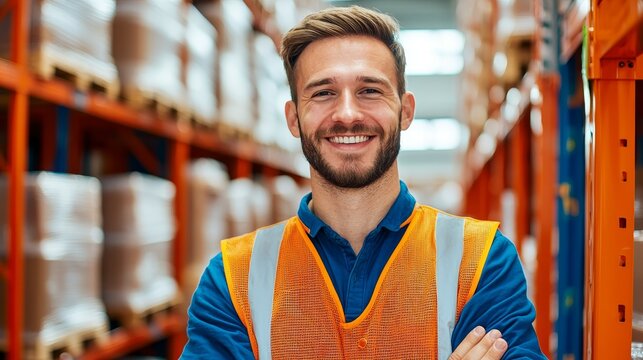 Smiling warehouse worker posing confidently in a storage facility
