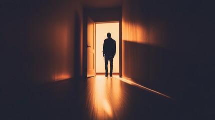 shadowy figure standing at end of long, dimly lit hallway, creating sense of mystery and intrigue. warm light from open door contrasts with dark surroundings