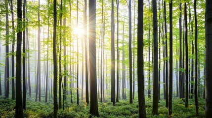 Sunlight filtering through lush green trees in a serene forest.