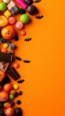 A variety of Halloween candies arranged on an orange background with bats.