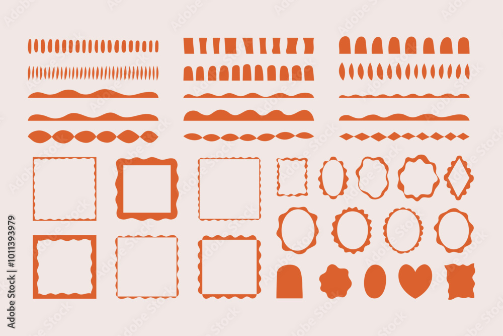 Poster Vector set of linear frames and borders - abstract design elements for decoration or logo design templates in modern minimalist style with copy space for text, boho summer style