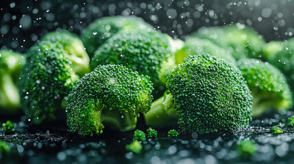 fresh bunch of broccoli, floating mid-air with water droplets glistening on the surface. The vibrant green and detailed texture of the broccoli create a dynamic food